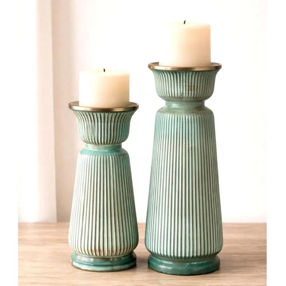 Pier 1 Aqua Patina Ribbed Candle Holders Set of 2 Gold Rim Coastal Decor